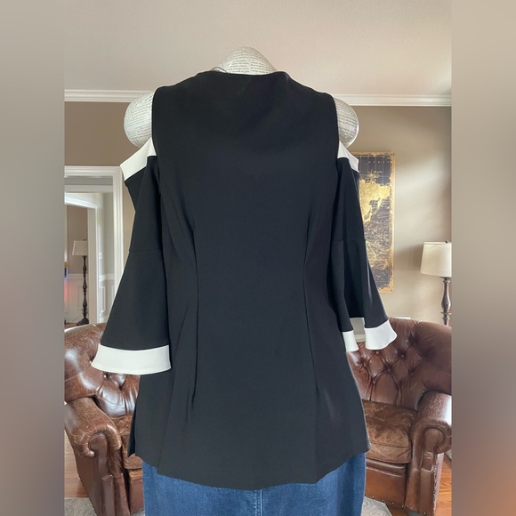 Boston Proper Three Quarter Sleeve Cold Shoulder Black and White Trim Top - Picture 3 of 7